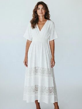 White Lace Smocked Waist Flutter Sleeve Maxi Dress L